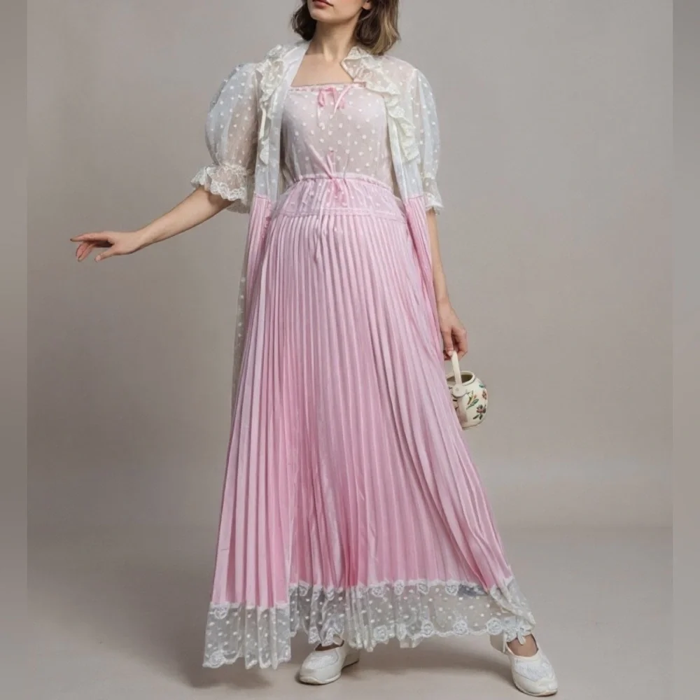 Vintage 70s Pink Satin Lace Peignoir Set Slip Dress & Robe Romantic Edwardian - Picture 5 of 16